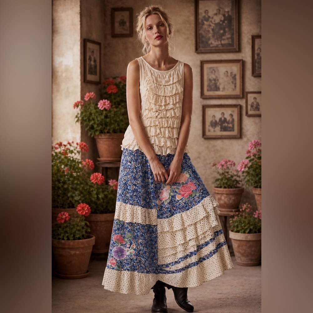 Hand Crafted Floral Patchwork Maxi Skirt - Blue and Cream